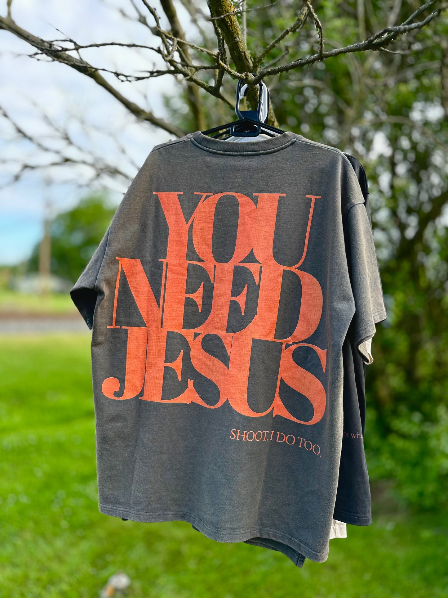 UNISEX YOU NEED JESUS Vintage Drop Shoulder Tee – Neon Orange Lettering