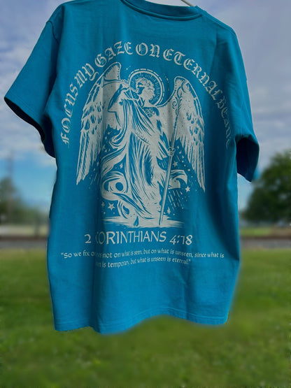 UNISEX Light Blue Drop Shoulder Tee – “Focus My Gaze On Eternal Beauty” (2 Corinthians 4:18)