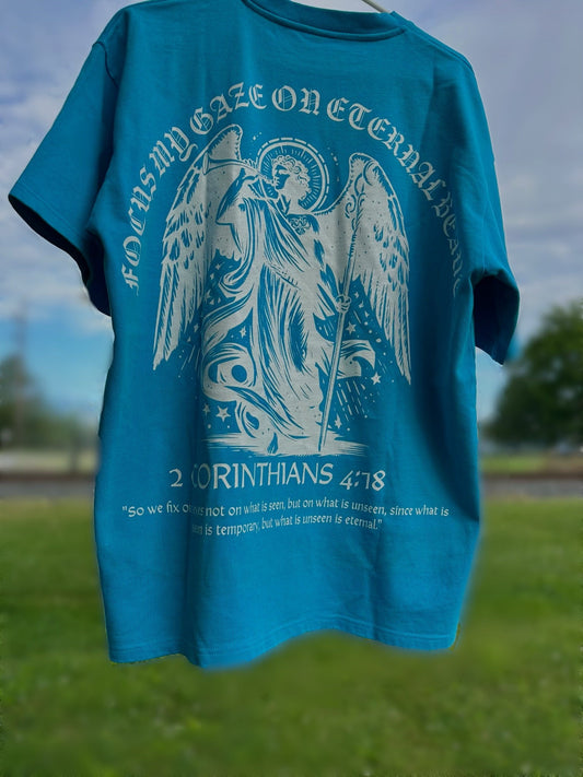 UNISEX Light Blue Drop Shoulder Tee – “Focus My Gaze On Eternal Beauty” (2 Corinthians 4:18)