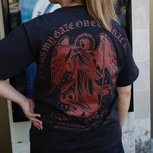UNISEX Black Drop Shoulder Tee – “Focus My Gaze On Eternal Beauty” (2 Corinthians 4:18)