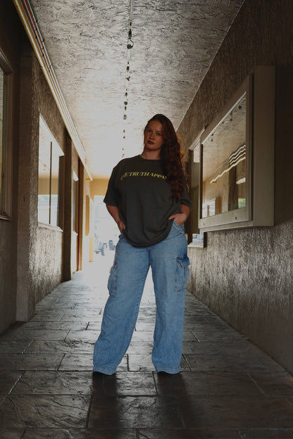 UNISEX Vintage Dark Washed Drop Shoulder Tee – "YOU NEED JESUS … shoot I do too" (Butter Yellow Lettering)